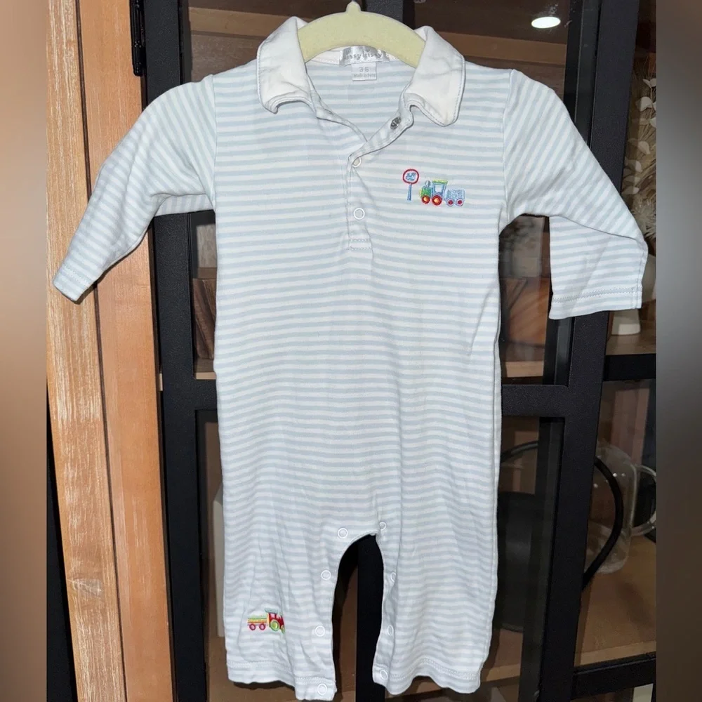 Kissy Kissy embroidered trains coverall henley pima striped collar polo pique